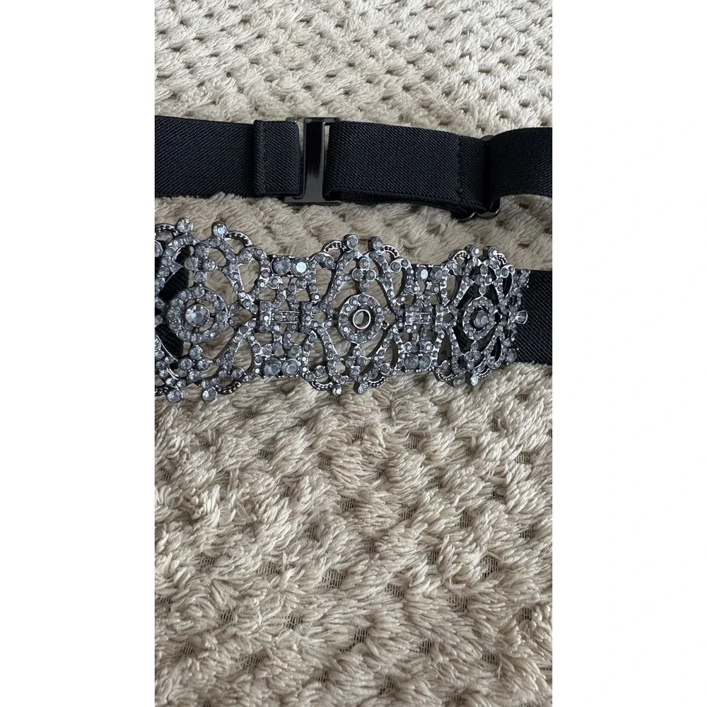 BCBG MAXAZRIA Black Platinum Rhinestone Medallion Elastic Belt | OS
